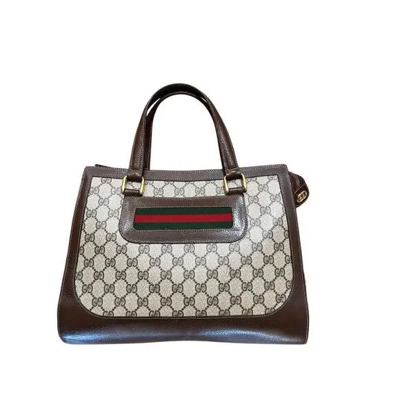 Vintage GUCCI Sherry Tote Wrist Handle Bag Purse GG Logo Brown Leather Authentic - Picture 2 of 16